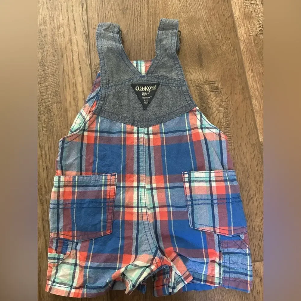 OshKosh B'gosh Colorful Plaid‎ Infant Overalls, Blue, White, Red, Patriotic, 6m